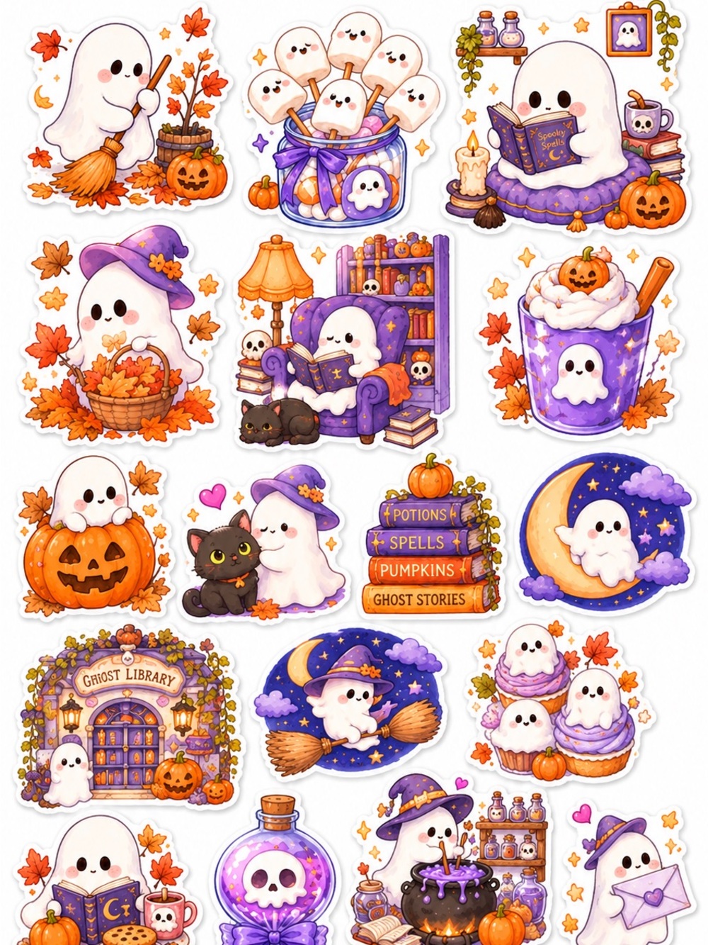50 Pc Cute Adorable Ghost Halloween Cut Out Sticker Set NEW